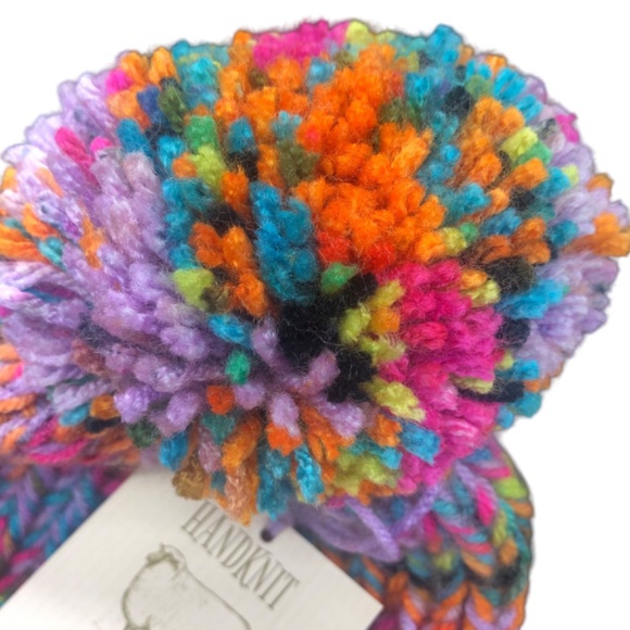 Pink Rainbow Bright Multi Color Double Strand Chunky Beanie with Pom Pom main image 4